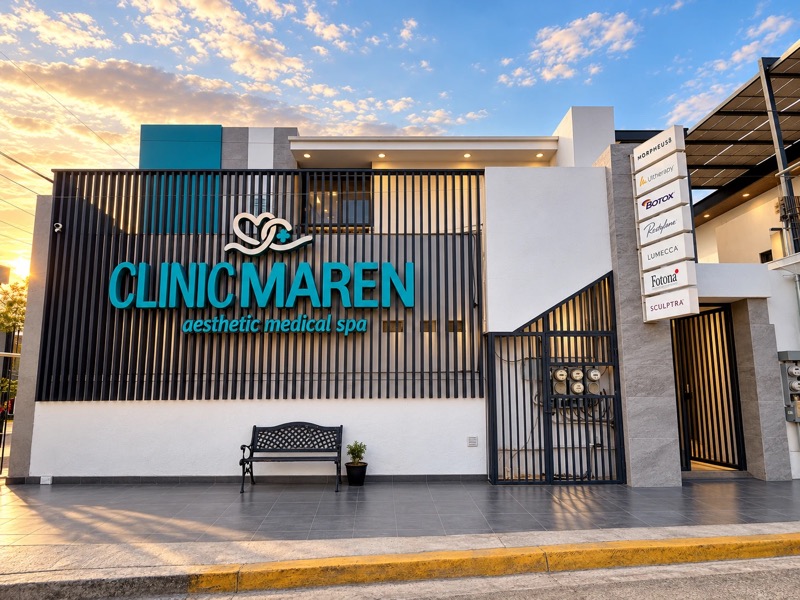 Fachada de CLINIC MAREN al atardecer: letras turquesa sobre una celosía metálica oscura, banca negra junto a la entrada y reja de acceso a la derecha.