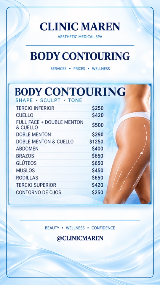 Tarjeta de la categoría Body Contouring: lista de tratamientos y precios tal como aparecen en el material de la clínica.