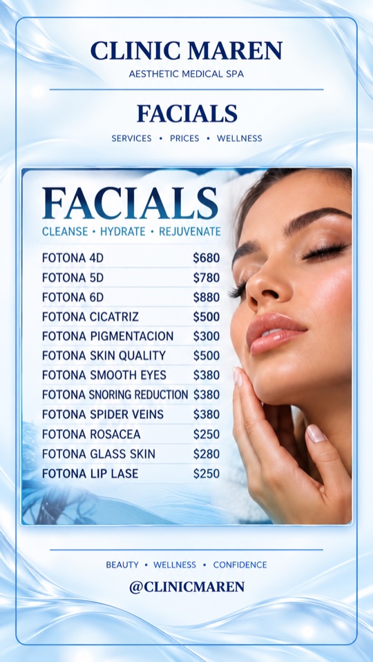 Tarjeta de la categoría Facials: lista de tratamientos y precios tal como aparecen en el material de la clínica.