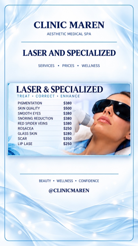 Tarjeta de la categoría Laser & Specialized: lista de tratamientos y precios tal como aparecen en el material de la clínica.