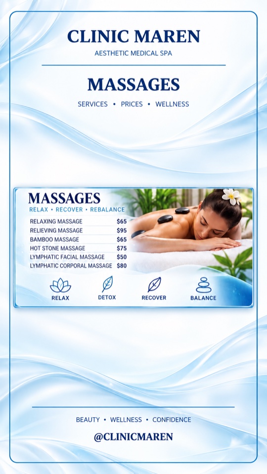 Tarjeta de la categoría Massages: lista de tratamientos y precios tal como aparecen en el material de la clínica.