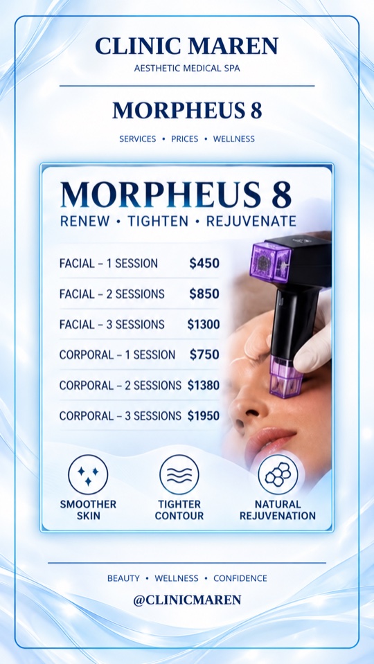 Tarjeta de la categoría Morpheus 8: lista de tratamientos y precios tal como aparecen en el material de la clínica.