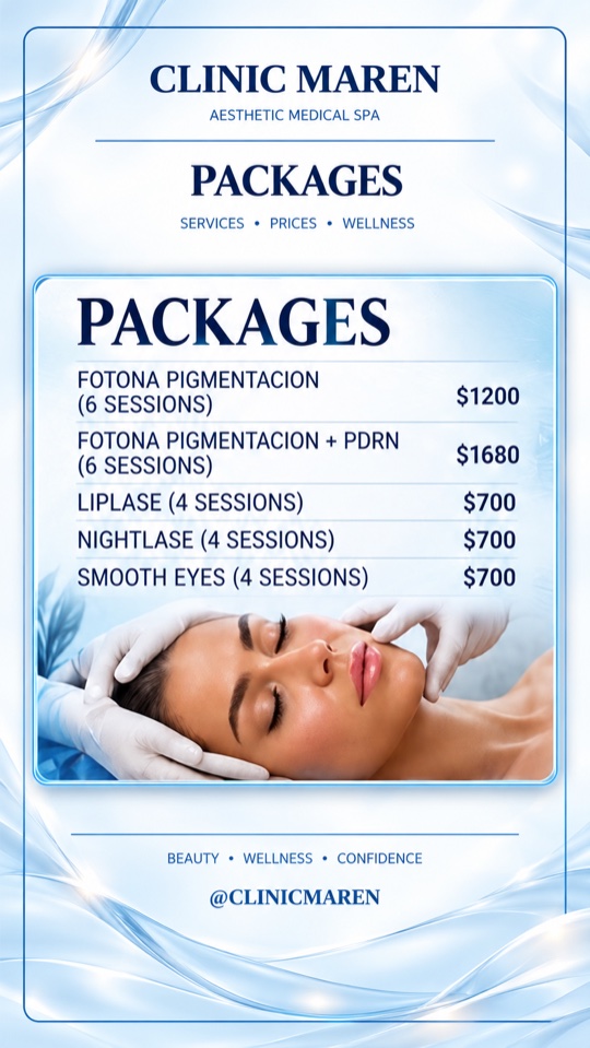Tarjeta de la categoría Packages: lista de tratamientos y precios tal como aparecen en el material de la clínica.