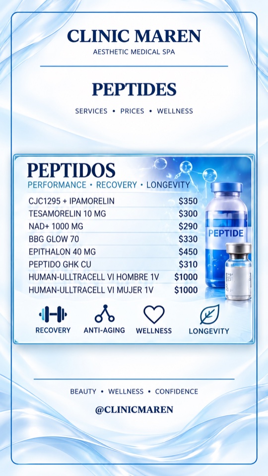 Tarjeta de la categoría Peptides: lista de tratamientos y precios tal como aparecen en el material de la clínica.
