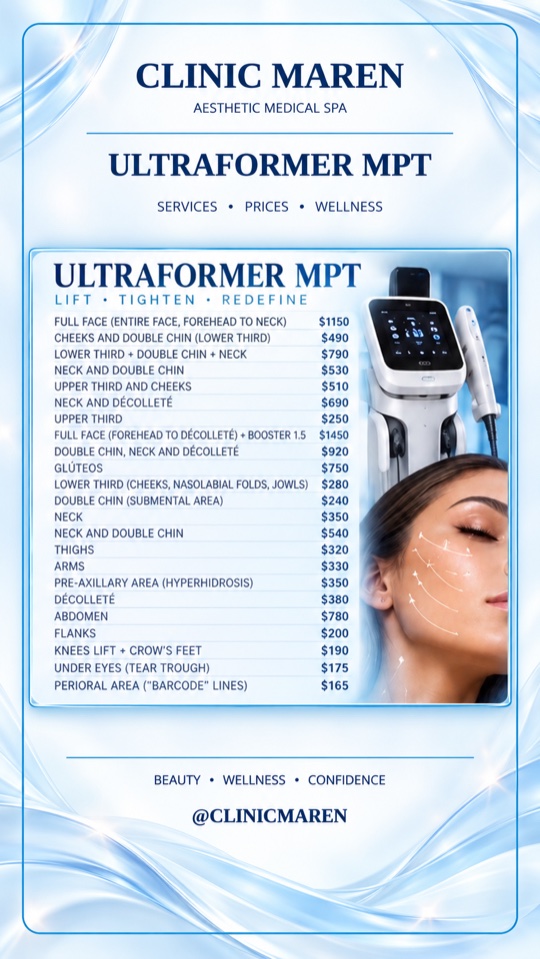 Tarjeta de la categoría Ultraformer MPT: lista de tratamientos y precios tal como aparecen en el material de la clínica.