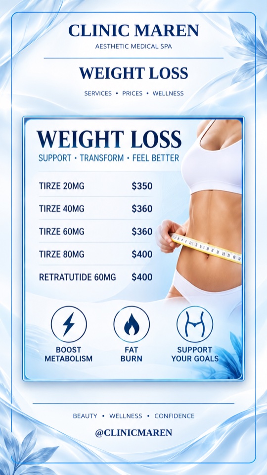 Tarjeta de la categoría Weight Loss: lista de tratamientos y precios tal como aparecen en el material de la clínica.