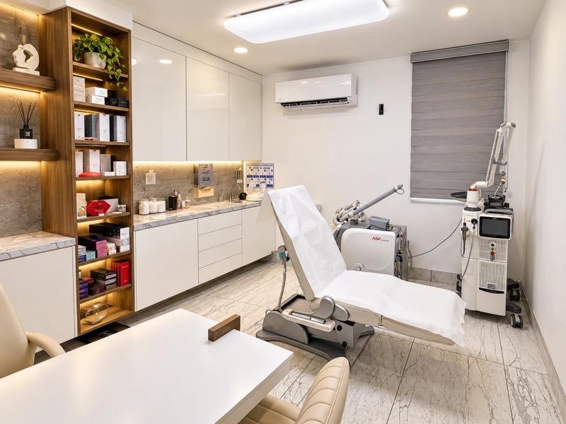 Cabina de tratamiento con sillón reclinable blanco, mobiliario blanco, estantería de madera iluminada y equipos médicos junto a la ventana.