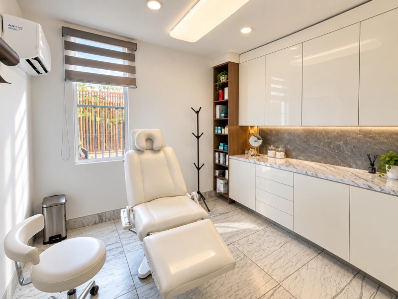 Cabina de tratamiento con sillón blanco reclinable, ventana con persiana, perchero y encimera de mármol con gabinetes blancos.